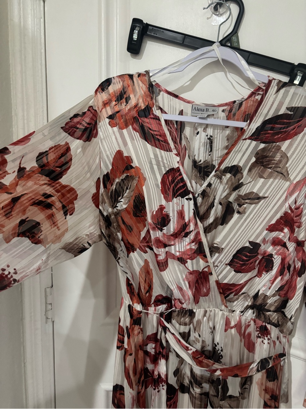 Floral Wrap Midi Dress in Ivory with Red & Brown Floral Print